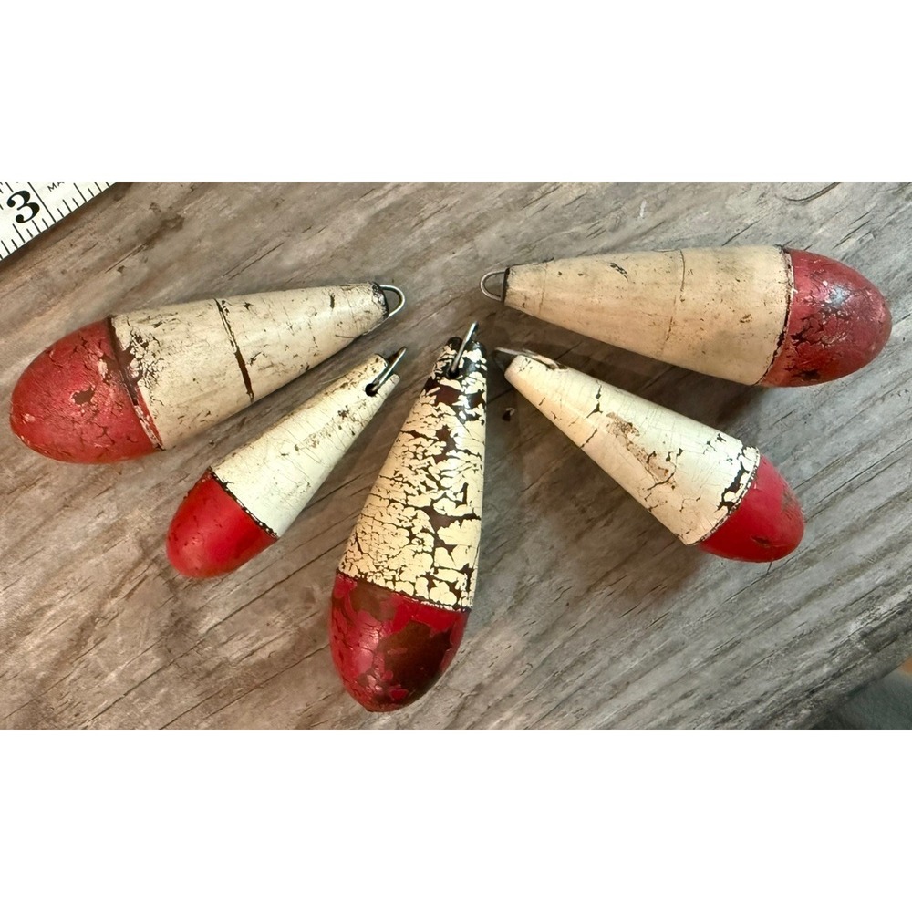 Lot of 5 Vintage Cork Fishing Bobbers Wooden Wood Red White Oblong Oval